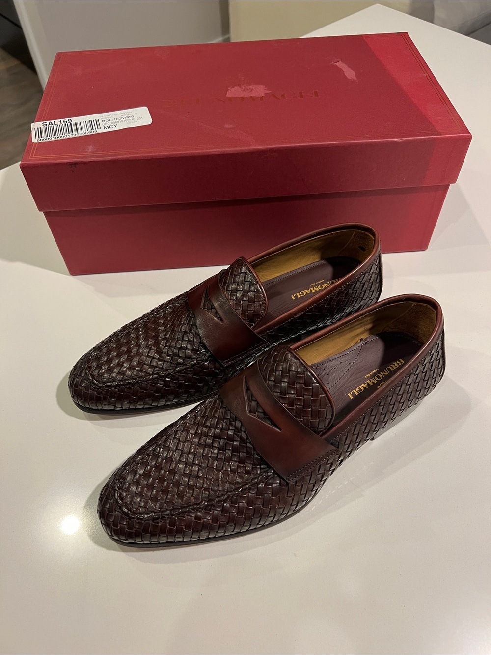 Bruno Magli brown leather manfredo woven penny loafers 7.5